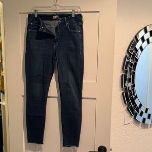 MOTHER Dark Indigo Skinny Jeans with fray at ankles